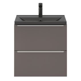 Meuble vasque suspendu faible profondeur gris taupe brillant l.60 cm Imandra + plan vasque noir céramique Nira, GoodHome