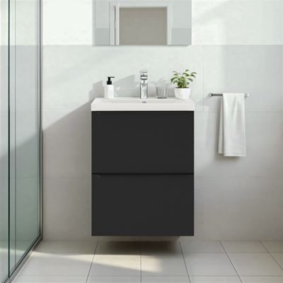 Meuble vasque suspendu faible profondeur noir mat l.50 cm Imandra + plan vasque blanc céramique Nira, GoodHome