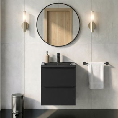 Meuble vasque suspendu faible profondeur noir mat l.50 cm Imandra + plan vasque noir céramique Nira, GoodHome