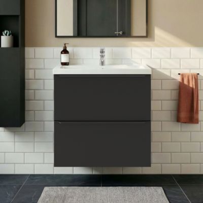 Meuble vasque suspendu faible profondeur noir mat l.60 cm Imandra + plan vasque blanc céramique Nira, GoodHome