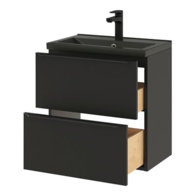 Meuble vasque suspendu faible profondeur noir mat l.60 cm Imandra + plan vasque noir céramique Nira, GoodHome