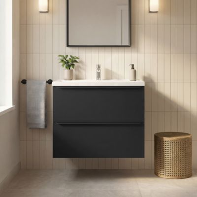 Meuble vasque suspendu faible profondeur noir mat l.80 cm Imandra + plan vasque blanc céramique Nira, GoodHome