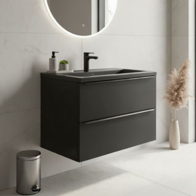 Meuble vasque suspendu faible profondeur noir mat l.80 cm Imandra + plan vasque noir céramique Nira, GoodHome