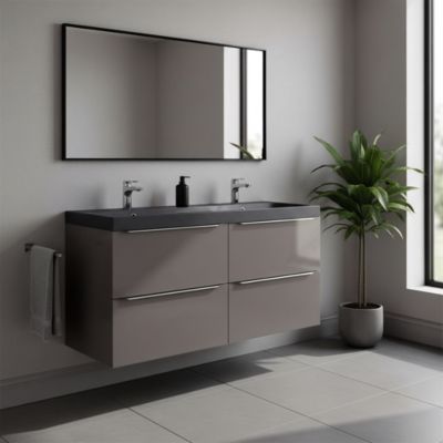 Meuble vasque suspendu gris brillant l.120 cm Imandra + plan double vasque noir résine Mila, GoodHome