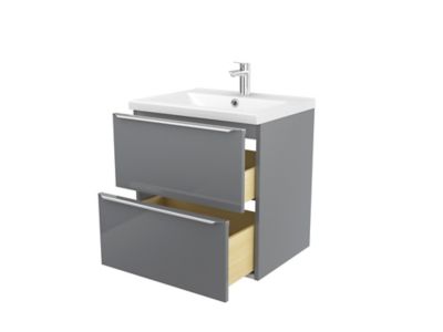 Meuble vasque suspendu gris brillant l.60 cm Imandra + plan vasque blanc céramique Nira, GoodHome