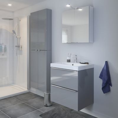Meuble vasque suspendu gris brillant l.60 cm Imandra + plan vasque blanc céramique Nira, GoodHome