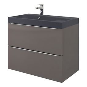 Meuble vasque suspendu gris brillant l.80 cm Imandra + plan vasque noir résine Mila, GoodHome