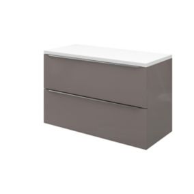 Meuble vasque suspendu gris taupe brillant l.100 cm Imandra + plan de toilette blanc Marloes, GoodHome