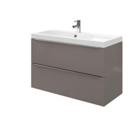 Meuble vasque suspendu gris taupe brillant l.100 cm Imandra + plan vasque blanc résine Mila, GoodHome