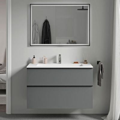 Meuble vasque suspendu MDF Anthracite mat, lavabo fonte Blanc mat + trou robinet, poignée Anthracite mat 80x46x62cm - LAVOA