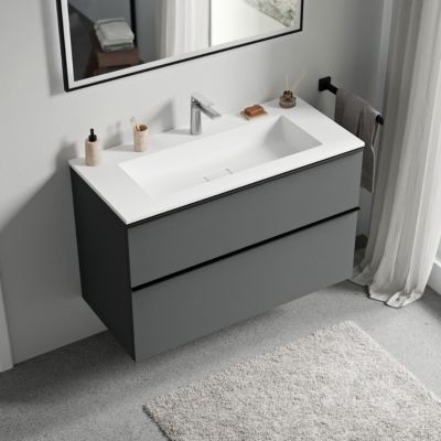 Meuble vasque suspendu MDF Anthracite mat, lavabo fonte Blanc mat + trou robinet, poignée Anthracite mat 80x46x62cm - LAVOA
