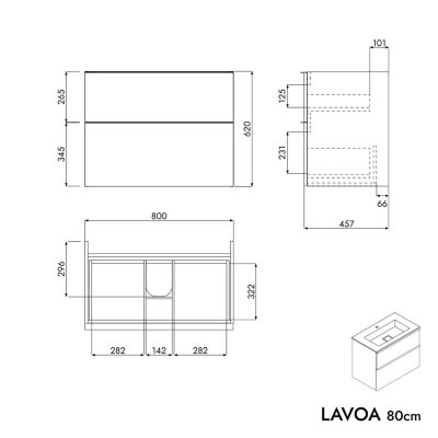Meuble vasque suspendu MDF Anthracite mat, lavabo fonte Blanc mat + trou robinet, poignée Anthracite mat 80x46x62cm - LAVOA