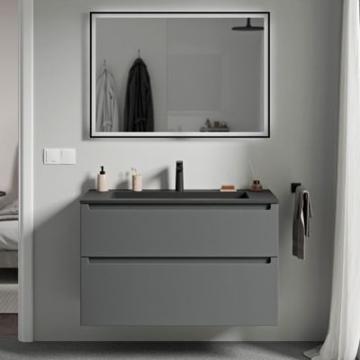 Meuble vasque suspendu MDF Anthracite mat, lavabo fonte Noir mat + trou robinet, tiroirs pivotants - 100x46x62cm - VIREO