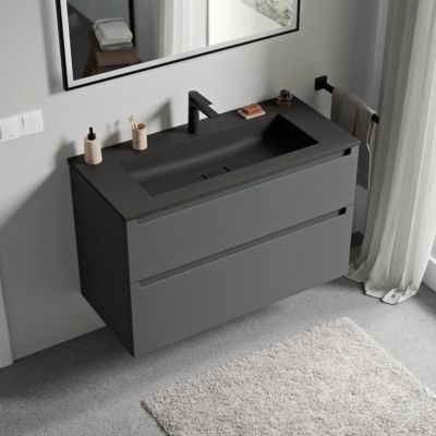 Meuble vasque suspendu MDF Anthracite mat, lavabo fonte Noir mat + trou robinet, tiroirs pivotants - 100x46x62cm - VIREO