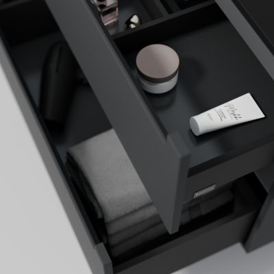 Meuble vasque suspendu MDF Anthracite mat, lavabo fonte Noir mat + trou robinet, tiroirs pivotants - 100x46x62cm - VIREO