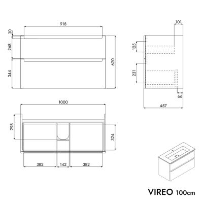 Meuble vasque suspendu MDF Anthracite mat, lavabo fonte Noir mat + trou robinet, tiroirs pivotants - 100x46x62cm - VIREO
