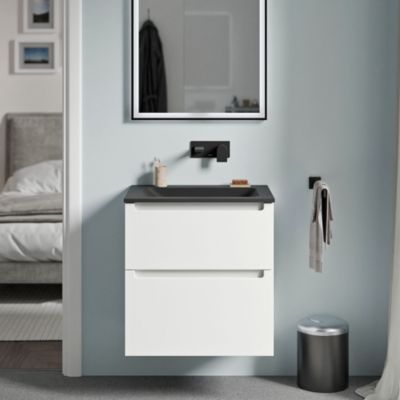 Meuble vasque suspendu MDF Blanc mat, lavabo fonte Noir mat sans trou robinet, tiroirs pivotants - 60x46x62cm - VIREO