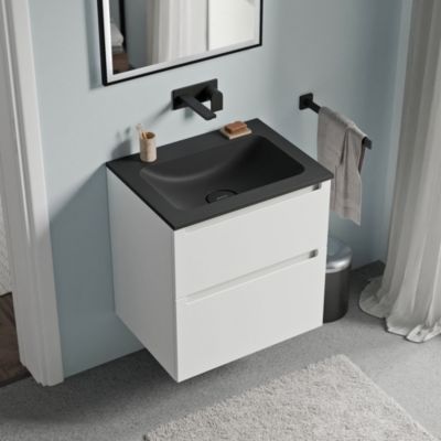 Meuble vasque suspendu MDF Blanc mat, lavabo fonte Noir mat sans trou robinet, tiroirs pivotants - 60x46x62cm - VIREO