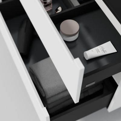 Meuble vasque suspendu MDF Blanc mat, lavabo fonte Noir mat sans trou robinet, tiroirs pivotants - 60x46x62cm - VIREO