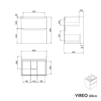 Meuble vasque suspendu MDF Blanc mat, lavabo fonte Noir mat sans trou robinet, tiroirs pivotants - 60x46x62cm - VIREO