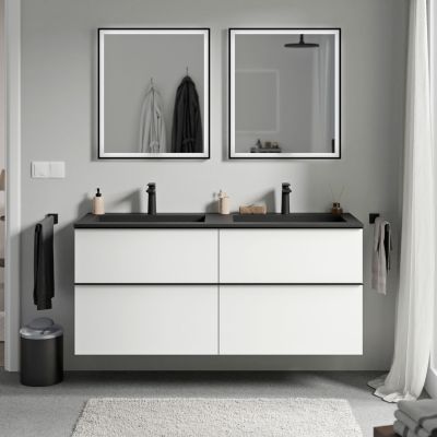 Meuble vasque suspendu MDF Blanc mat, lavabo fonte Noir mat + trou robinet, poignée Chrome - 120x46x62cm - LAVOA