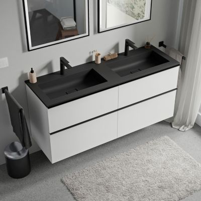 Meuble vasque suspendu MDF Blanc mat, lavabo fonte Noir mat + trou robinet, poignée Chrome - 120x46x62cm - LAVOA