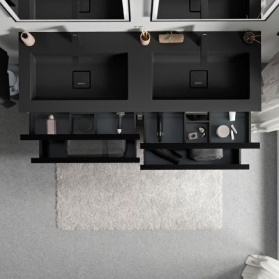 Meuble vasque suspendu MDF Blanc mat, lavabo fonte Noir mat + trou robinet, poignée Chrome - 120x46x62cm - LAVOA