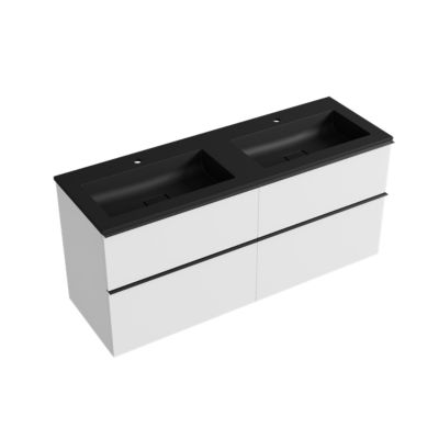 Meuble vasque suspendu MDF Blanc mat, lavabo fonte Noir mat + trou robinet, poignée Chrome - 120x46x62cm - LAVOA