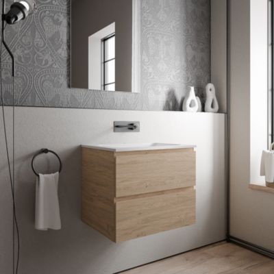 Meuble vasque suspendu MDF Chêne miel, lavabo fonte Blanc mat sans trou robinet - 60x46x50cm - AVA CREAM