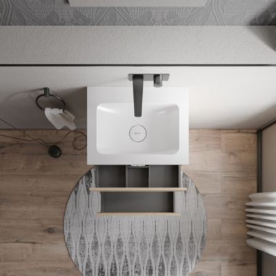Meuble vasque suspendu MDF Chêne miel, lavabo fonte Blanc mat sans trou robinet - 60x46x50cm - AVA CREAM