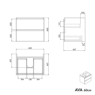 Meuble vasque suspendu MDF Chêne miel, lavabo fonte Blanc mat sans trou robinet - 60x46x50cm - AVA CREAM