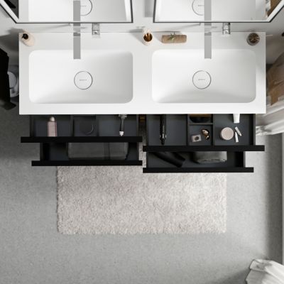 Meuble vasque suspendu MDF Chêne miel, lavabo fonte Blanc mat sans trou robinet, poignée Anthracite mat - 120x46x62cm - LAVOA