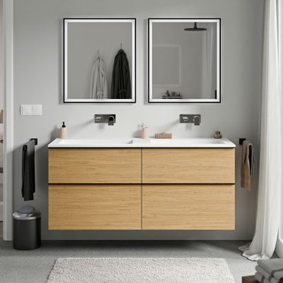 Meuble vasque suspendu MDF Chêne miel, lavabo fonte Blanc mat sans trou robinet, poignée Anthracite mat - 120x46x62cm - LAVOA