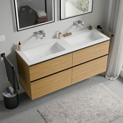 Meuble vasque suspendu MDF Chêne miel, lavabo fonte Blanc mat sans trou robinet, poignée Anthracite mat - 120x46x62cm - LAVOA