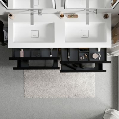 Meuble vasque suspendu MDF Chêne miel, lavabo fonte Blanc mat sans trou robinet, poignée Anthracite mat - 120x46x62cm - LAVOA