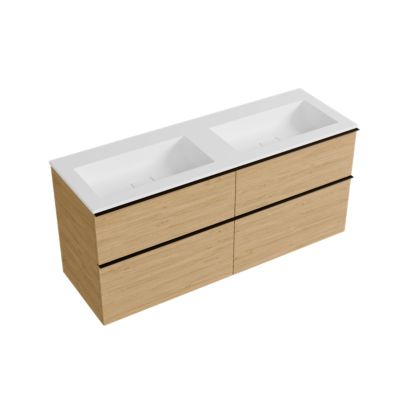 Meuble vasque suspendu MDF Chêne miel, lavabo fonte Blanc mat sans trou robinet, poignée Anthracite mat - 120x46x62cm - LAVOA