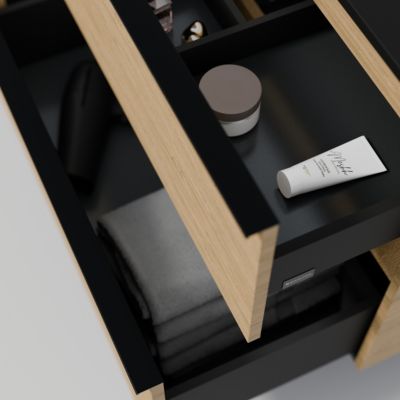 Meuble vasque suspendu MDF Chêne miel, lavabo fonte Blanc mat sans trou robinet, poignée Anthracite mat - 120x46x62cm - LAVOA