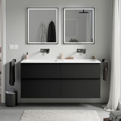 Meuble vasque suspendu MDF Noir mat, lavabo fonte Blanc mat sans trou robinet, poignée Anthracite mat - 140x46x62cm - LAVOA