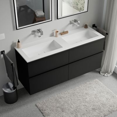 Meuble vasque suspendu MDF Noir mat, lavabo fonte Blanc mat sans trou robinet, poignée Anthracite mat - 140x46x62cm - LAVOA