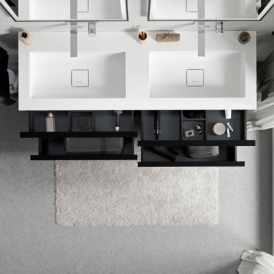Meuble vasque suspendu MDF Noir mat, lavabo fonte Blanc mat sans trou robinet, poignée Anthracite mat - 140x46x62cm - LAVOA