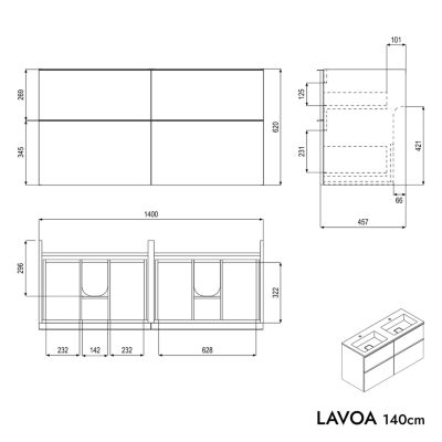 Meuble vasque suspendu MDF Noir mat, lavabo fonte Blanc mat sans trou robinet, poignée Anthracite mat - 140x46x62cm - LAVOA