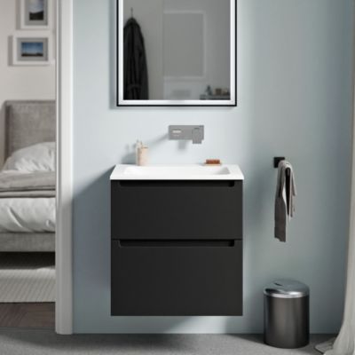 Meuble vasque suspendu MDF Noir mat, lavabo fonte Blanc mat sans trou robinet, tiroirs pivotants - 60x46x62cm - VIREO