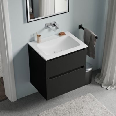 Meuble vasque suspendu MDF Noir mat, lavabo fonte Blanc mat sans trou robinet, tiroirs pivotants - 60x46x62cm - VIREO