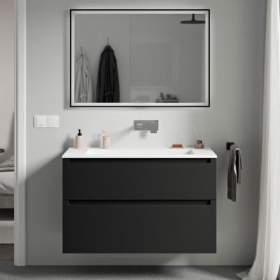 Meuble vasque suspendu MDF Noir mat, lavabo fonte Blanc mat sans trou robinet, tiroirs pivotants - 80x46x62cm - VIREO