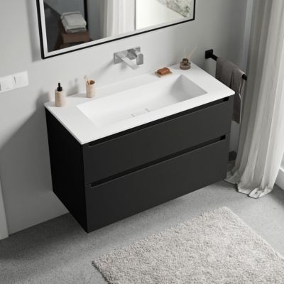 Meuble vasque suspendu MDF Noir mat, lavabo fonte Blanc mat sans trou robinet, tiroirs pivotants - 80x46x62cm - VIREO