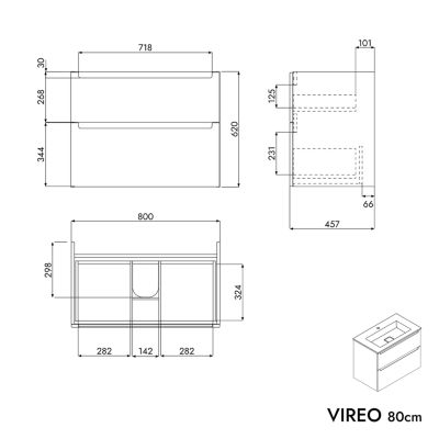 Meuble vasque suspendu MDF Noir mat, lavabo fonte Blanc mat sans trou robinet, tiroirs pivotants - 80x46x62cm - VIREO