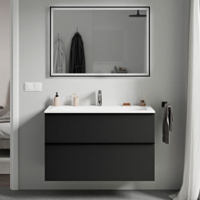 Meuble vasque suspendu MDF Noir mat, lavabo fonte Blanc mat + trou robinet, poignée Noir mat - 80x46x62cm - LAVOA