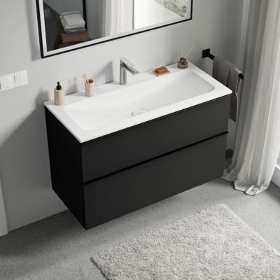 Meuble vasque suspendu MDF Noir mat, lavabo fonte Blanc mat + trou robinet, poignée Noir mat - 80x46x62cm - LAVOA