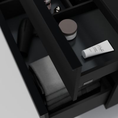 Meuble vasque suspendu MDF Noir mat, lavabo fonte Blanc mat + trou robinet, poignée Noir mat - 80x46x62cm - LAVOA