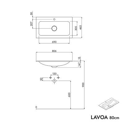Meuble vasque suspendu MDF Noir mat, lavabo fonte Blanc mat + trou robinet, poignée Noir mat - 80x46x62cm - LAVOA
